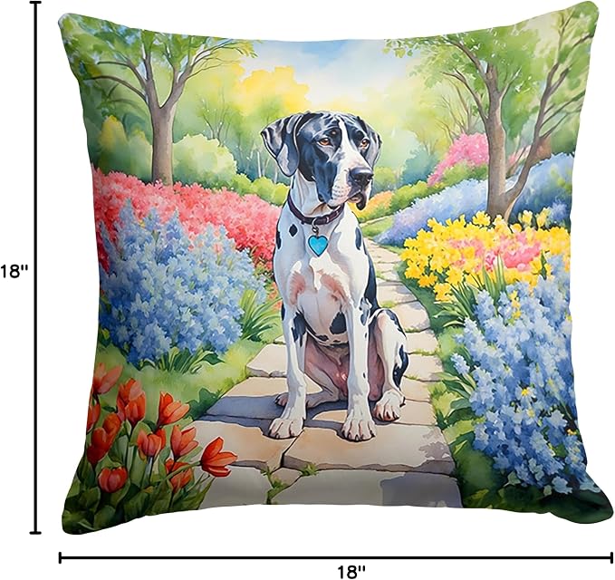 Caroline's Treasures Great Dane Spring Path Throw Pillow Machine Washable, Indoor Outdoor Decorative Pillow for Couch, Bed or Patio, 18Hx18W