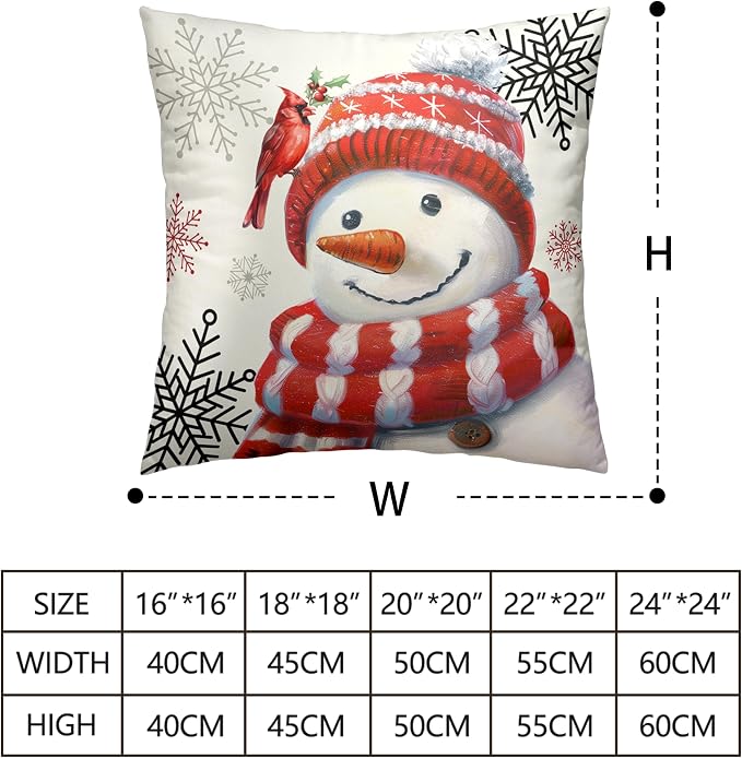 Christmas Snowman Pillow Covers 16x16 Set of 2 Lovely Red Snowman with Cardinal Bird Snowflake Cushion Case Winter Holiday Throw Pillow Covers for Living Room Bedroom Sofa
