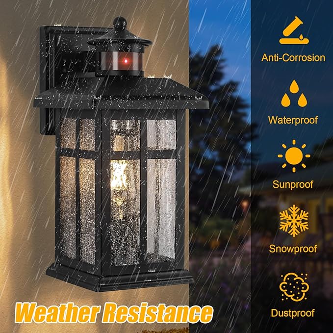 Motion Sensor Outdoor Wall Lights 2 Packs Dusk to Dawn Outdoor Lighting | Hardwired Exterior Light Sconces with E26 Sockets & Tempered Glass, Wall Mounted Black Waterproof Outdoor Lights for House