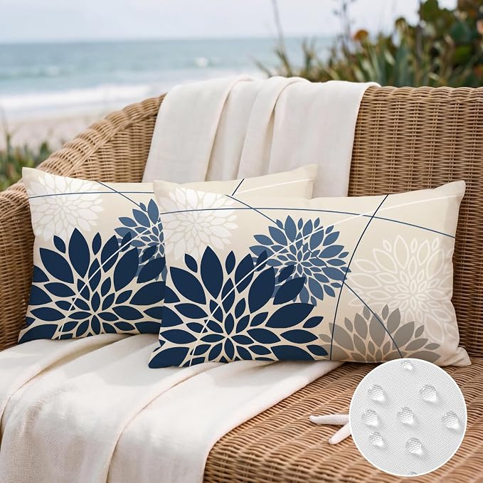 OTOSTAR Outdoor Dark Blue Light Blue Pillow Covers 16x24 Inch Set of 2 White Flower Throw Pillows Farmhouse Geometric Dahlia Floral Lumbar Cushion Case Waterproof Decor for Sofa Patio Funiture Garden