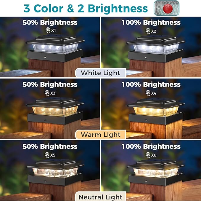kolpop 4x4 Solar Post Cap Lights Outdoor 6Pack- 3 Color Temperatures& 2 Level Brightness, IP65 Waterproof, 16 LED Black Fence Deck Post Light Solar Powered for 4×4/3.5×3.5 Wood/Vinyl Posts