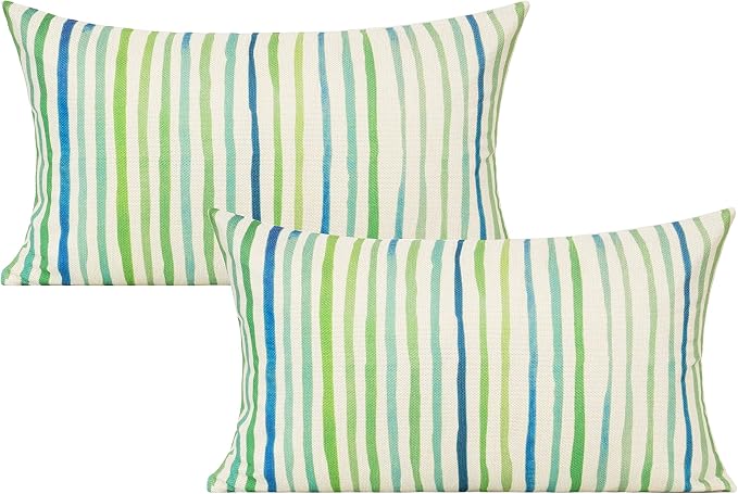 All Smiles Sage Green Outdoor Waterproof Throw Pillow Covers 18x18 Set of 2 | Spring Summer Decorative Cushion Cases Porch Decor for Patio Bench Garden Furnitures Couch Sofa,Sage Green Lines Stripes