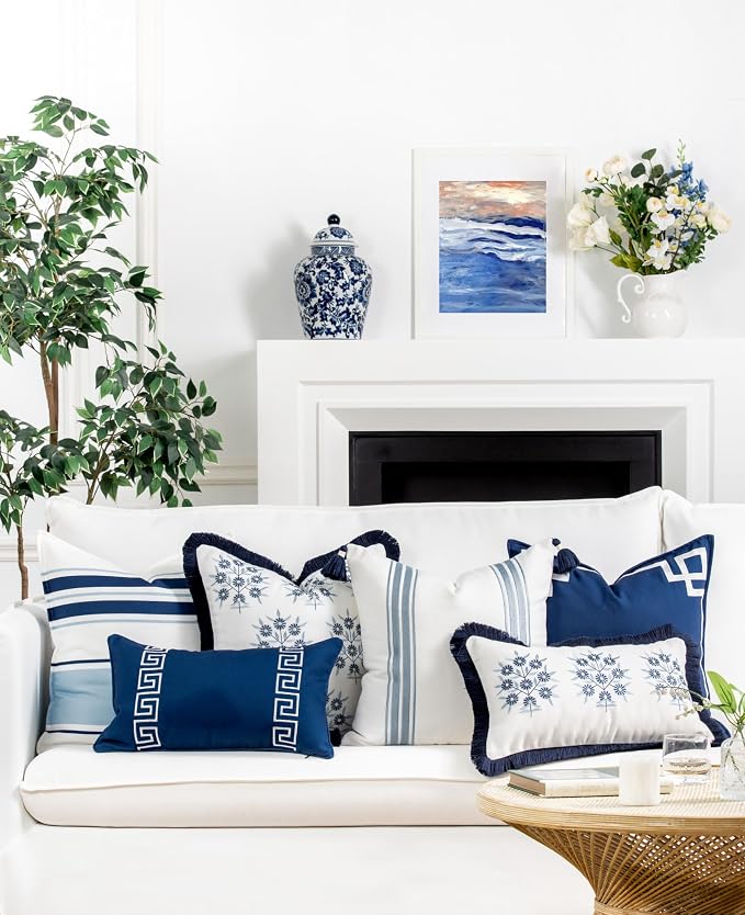 Hofdeco Premium Coastal Patio Indoor Outdoor Throw Pillow Cover Only, 20"x20" Water Repellent for Backyard, Couch, Navy Blue Embroidered Frame Greek Key