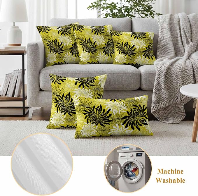 Yukro Yellow Black Floral Outdoor Waterproof Pillow Covers Pack of 2, Vintage Yellow White Black Flower Decorative Throw Pillowcases Cushion Covers for Garden Patio Tent Sofa Couch, 24x24 inch