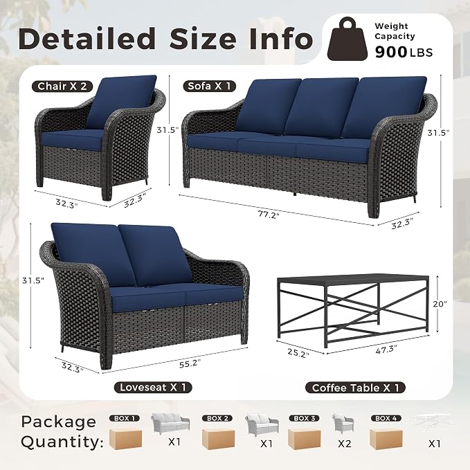 5 Pieces Outdoor Patio Rattan Conversation Furniture Set with Cushions, 78" 3-Seat Wicker Sofa, 55" 2-Seat Couch, 2 Armchairs, Metal Coffee Table for Garden (Navy Blue)