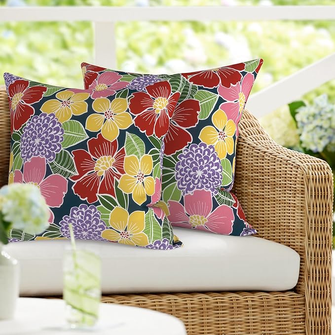 DYTXIII Pack of 2 Outdoor Waterproof Pillow Covers ONLY, 18"x18" Square Decorative Double Printed Throw Pillow Cases for Patio Couch Porch Furniture, Flower Bloom