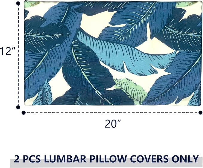 Outdoor Lumbar Pillow Covers 12”x20”, Rectangle Throw Pillow Covers for Patio Furniture, Decorative Lumbar Cushion Case for Garden Balcony Couch Office Chair, Pack of 2, Swaying Palms Blue