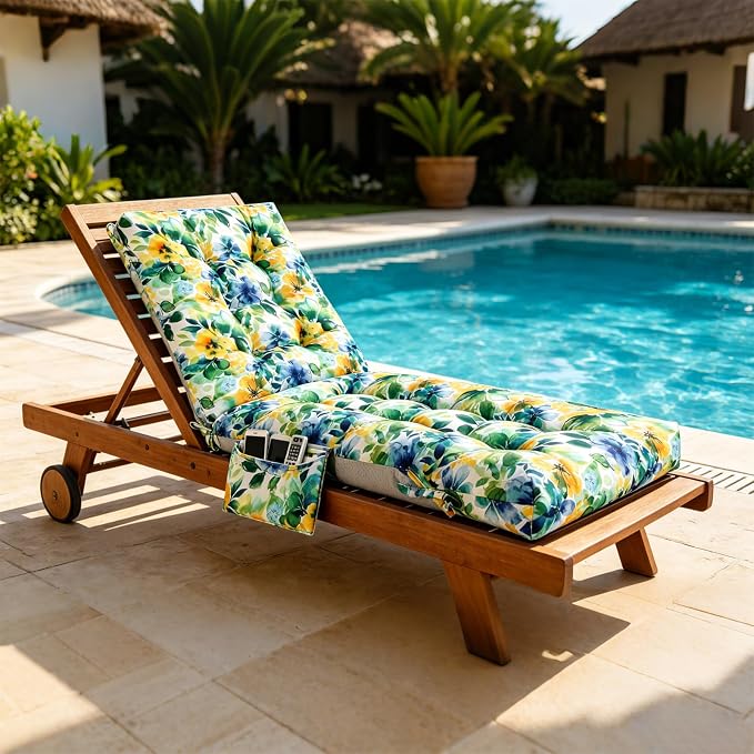 Patio Chaise Lounge Cushions, 68"x21"x4.5" Waterproof Replacement Beach Pool Lawn Outdoor Lounge Chair Cushion with Pocket, Non-Slip Bottom & Secure Ties for Outdoor Furniture, Flower Green