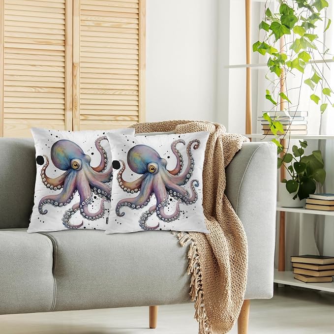 Swono Octopus Bed Pillow Covers, Watercolor Ocean Sea Octopus Decorative Throw Pillow Cover Cushion Case for Sofa Bed Living Room Farmhouse Decorations, 18"X18" 2 Pieces Pillowcases