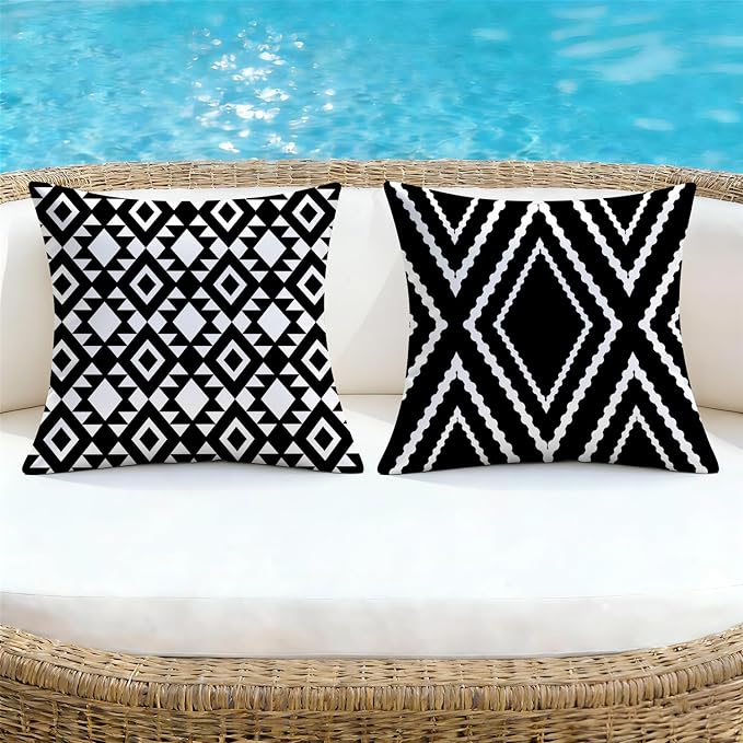 NIGHTWISH Outdoor Waterproof Pillow Covers 16x16 Set of 4 Black and White Modern Geometry Decorative Outdoor Throw Pillows Boho Cushion Cases for Patio Furniture Bench Couch Sunbrella