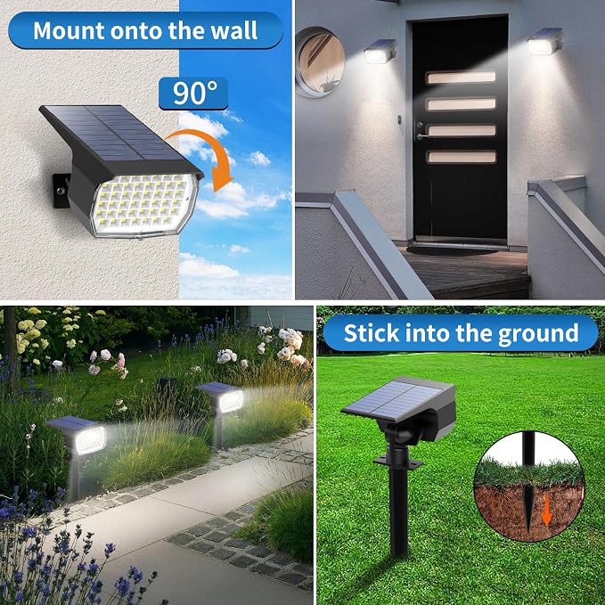 Tadyreal Solar Spot Lights Outdoor 2 Pack, [46 LED/3 Modes] Solar Landscape Spotlights Waterproof, 2-in-1 Auto On/Off Solar Powered Lights for Outside Yard Garden Wall Pathway(Cool White)