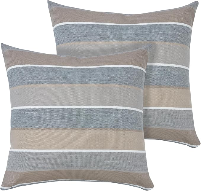 Throw Pillow with Insert, Set of 2, Outdoor Indoor Waterproof Decorative Patio Throw Pillow 18x18 Inch, Square Cushion for Couch Sofa Garden Farmhouse Decoration-Grey Stripe
