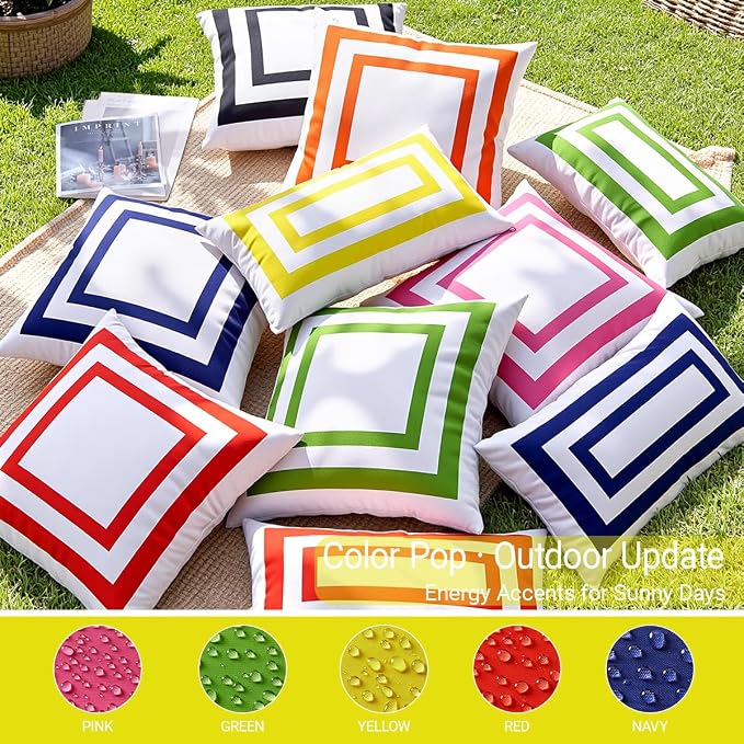 JOJOGOGO 18x18 Mustard Yellow Frame Outdoor Throw Pillow Covers Waterproof & Sunproof Set of 2, White and Yellow Outdoor Decorative Throw Pillows for Patio Furniture and Porch Decor(Without Inserts)