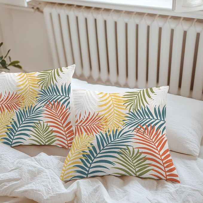 Yellow Green Palm Leaves Outdoor Pillow Covers 26"x26" Set of 2, Summer Botanical Vintage Tropical Leaf Rustic Waterproof Throw Pillow Covers for Patio Furniture, Decorative Cushion Covers for Porch