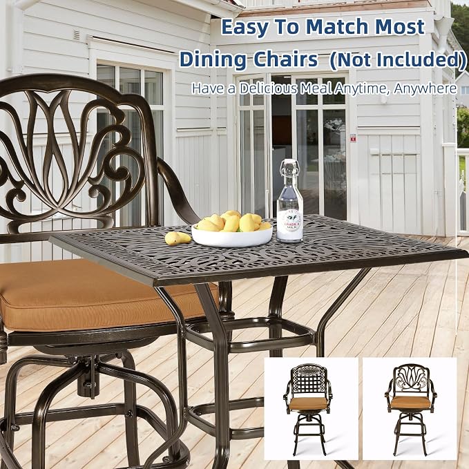 Outdoor Cast Aluminum Bar Table, 35.4" Patio Bar Height Table with 2.2" Umbrella Hole, All Weather High Top Bistro Square Dining Table for Outside Deck Porch Balcony Poolside, Dark Bronze