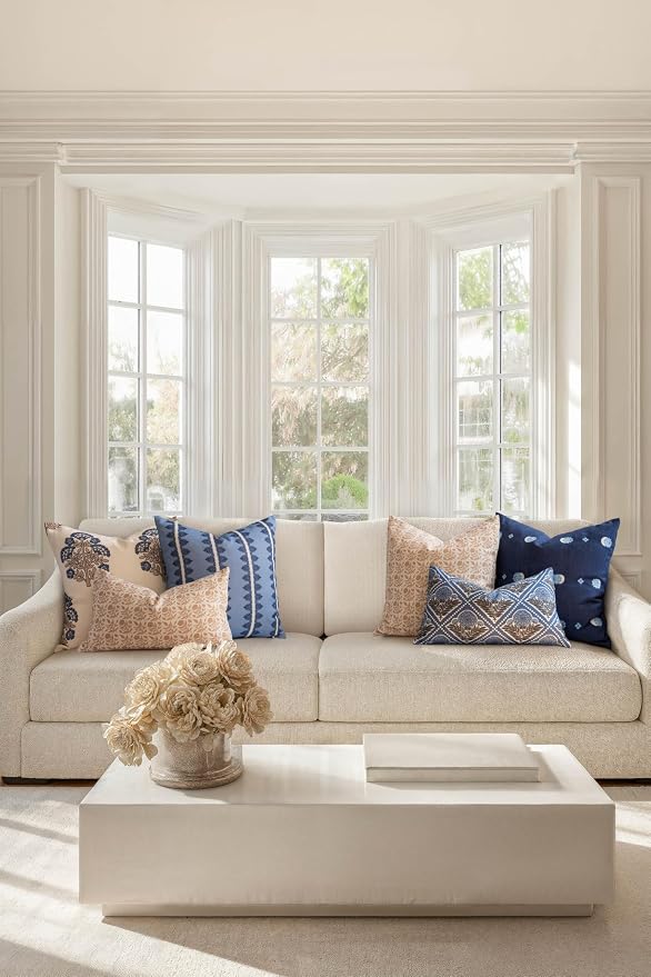California Casual Coastal Indoor Outdoor Lumbar Pillow Cover, 12"x20" Water Repellent for Patio, Backyard, Couch, Poolside, Earth Tone Ivory Cream Tan Print Floral and Leaves Geometric