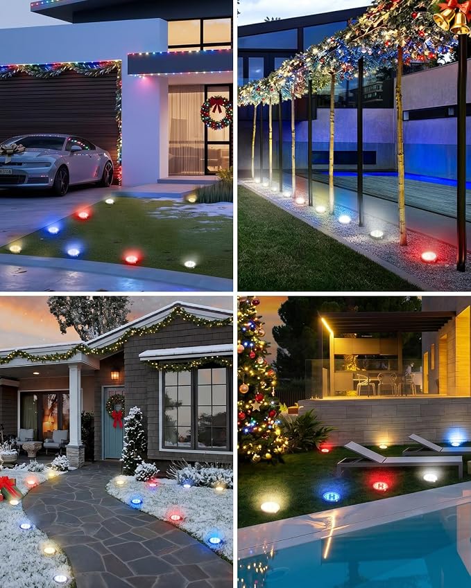btfarm 16 Pack Solar Lights Outdoor, 8 LED Solar Ground Lights IP65 Waterproof Flat Solar Disc Light, Pathway Lights for Garden Patio Yard Christmas Decorations, Red+Blue+Cool White+Warm White