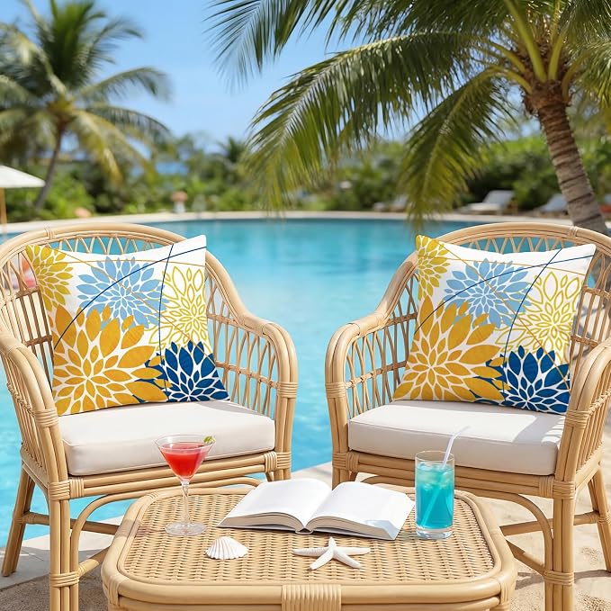 OTOSTAR Outdoor Golden Light Blue Pillow Covers 16x16 Inch Set of 2 Dark Blue Flower Throw Pillows Geometric Dahlia Floral Square Cushion Case Waterproof Decor for Sofa Patio Funiture Garden