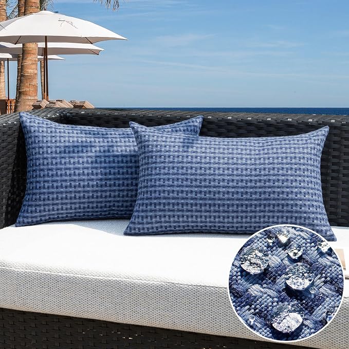 Kevin Textile Outdoor Waterproof 12"x24" Pillow Covers 2 Pack, Navy Blue | Water Resistant Weaving Faux Linen Texture Throw Pillow Covers, Outside Decorative Pillowcases for Garden Patio Balcony Couch