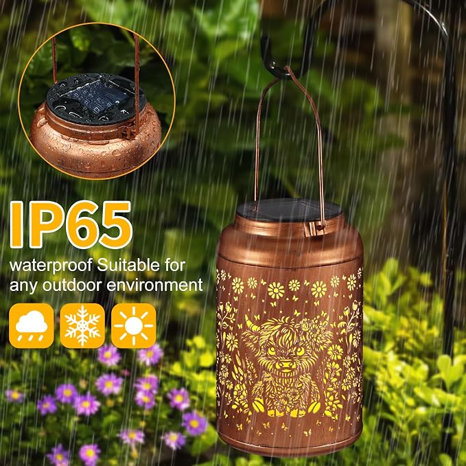 Solar Lanterns Outdoor Waterproof Garden Decor Gifts for Women Mom | Highland Cattle Metal Hanging Solar Lights Birthday Gifts for Grandma Mom Solar Decoration Outside for Yard, Patio, Porch