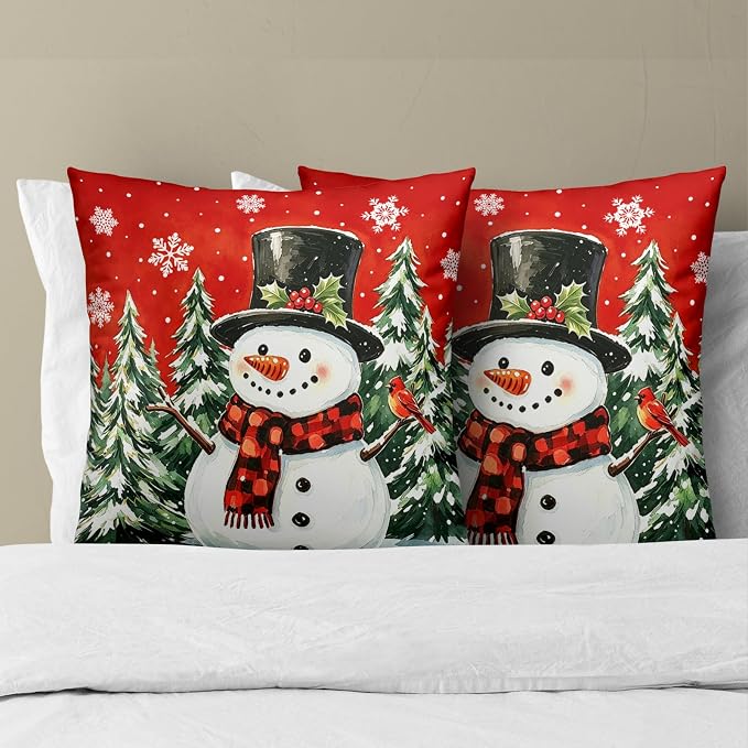 Christmas Throw Pillow Covers 18x18 Inch – Pack of 2 Snow Snowman Pine Trees Holiday Cotton Hidden Zipper Pillowcases for Couch Sofa Bed Porch Farmhouse Home Decor