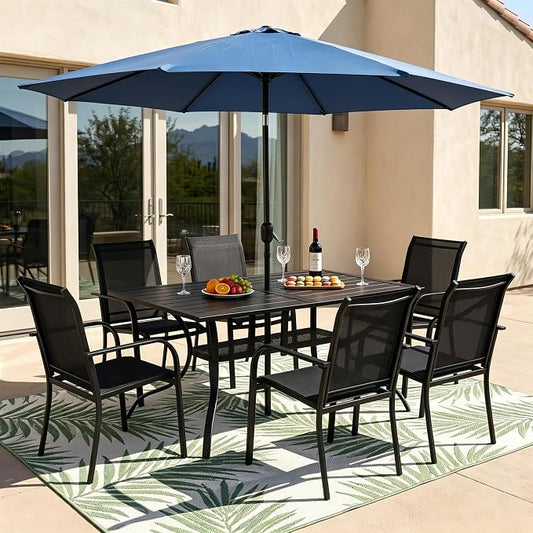 Crownland 7 Piece Patio Dining Set, Textilene Dining Sets, 6 Textilene Metal Chairs and Rectangular Outdoor Dining Table with Dark Blue 9FT Round Outdoor Umbrella (Black)