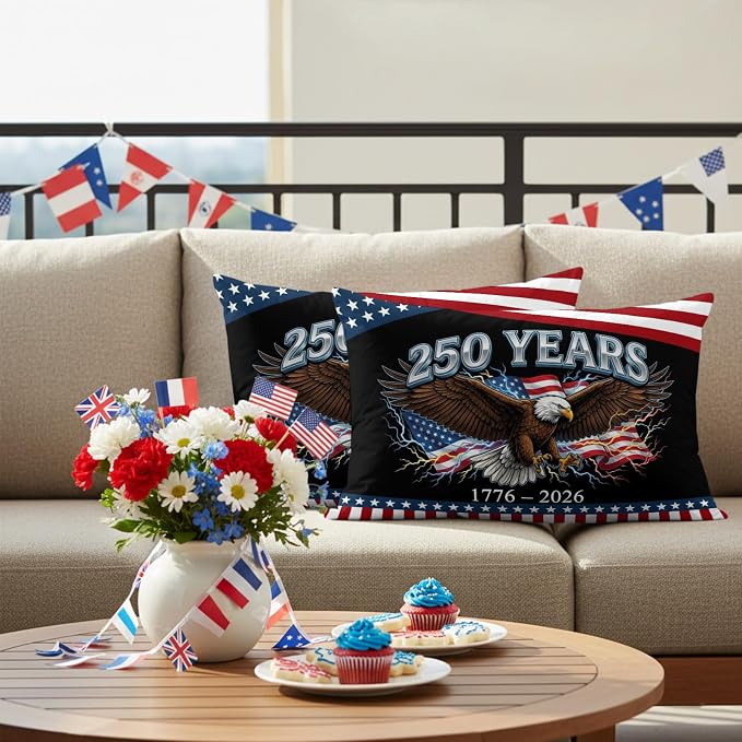 America 250 Years Eagle Outdoor Pillow Covers 20"x12" Set of 2, Independence Day Lightning Red Blue Flag Waterproof Throw Pillow Covers for Patio Furniture, Decorative Cushion Covers for Porch