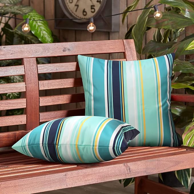Pyonic Pack of 2 Outdoor Waterproof Throw Pillow Covers Light Blue Pillow Covers Decorative Square Cushion Cases for Patio Furniture Tent Garden Couch,18x18 Inches,Color Stripe
