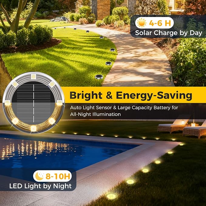 16 Pack Solar Ground Lights Outdoor, 8 LED Mini Flat Solar Disc Lights, IP65 Waterproof Pathway Lights Solar Powered, Landscape Lighting for Garden Walkway Driveway Yard Lawn,Warm White