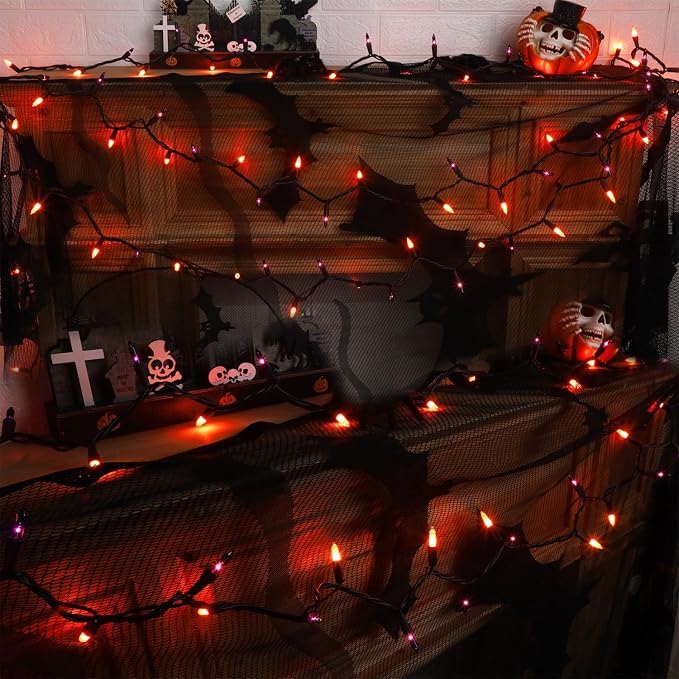 LJLNION Halloween Lights, 29ft 150 Count Black Wire Fairy Mini Lights, 120V UL Certified Incandescent Light String, Connectable for Garden Patio Holiday Party Outdoor Decor, Orange & Purple