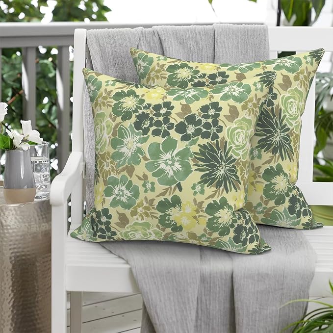 Outdoor 20x20 Inch Pack of 2 Patio Throw Pillow Covers ONLY, Water Repellent Cushion Cases, Square Pillowcases for Outdoor Couch Decoration, Green Rose