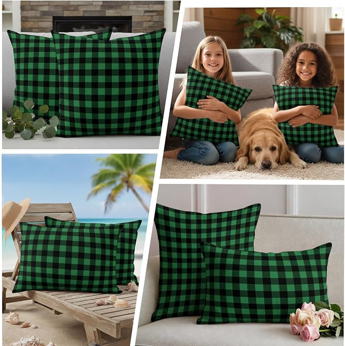 Forest Green Checks Outdoor Pillow Covers 26"x26" Set of 2, Black Gingham Plaid Abstract Modern Waterproof Throw Pillow Covers for Patio Furniture, Decorative Cushion Covers for Porch