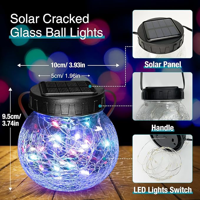 kolpop 2 Pack Solar Lantern Outdoor Lights, Multi-Coloured Solars Lanterns with 30 LED, Crackle Glass Ball Waterproof Hanging Solar Lights for Garden Decor Patio Fence Yard Christmas Tree Decoration