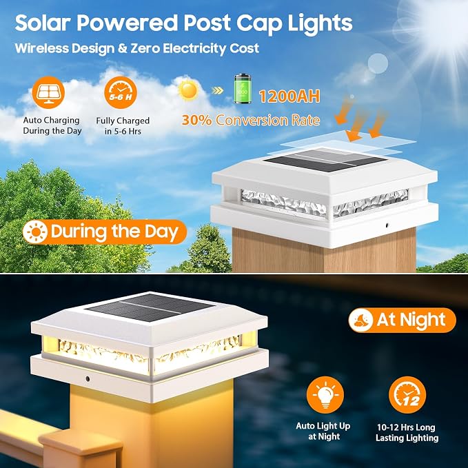 Solar Post Lights Outdoor 12-Pack, 2 Lighting Modes 16 LEDs Solar Post Cap Lights for 4x4 4.5x4.5 5x5 Vinyl Wooden Posts Waterproof, Fence Light Solar Powered for Deck Fence Yard Porch, White