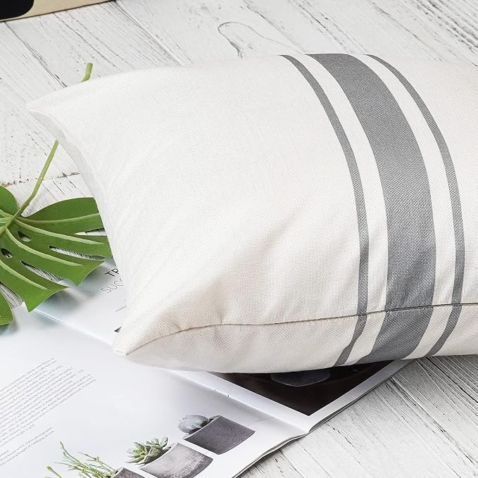 ONWAY Outdoor Pillow Covers Waterproof 18x18 Set of 2 Decorative Linen Throw Pillow Cover Beige and Grey Striped Outdoor Pillows for Patio Furniture