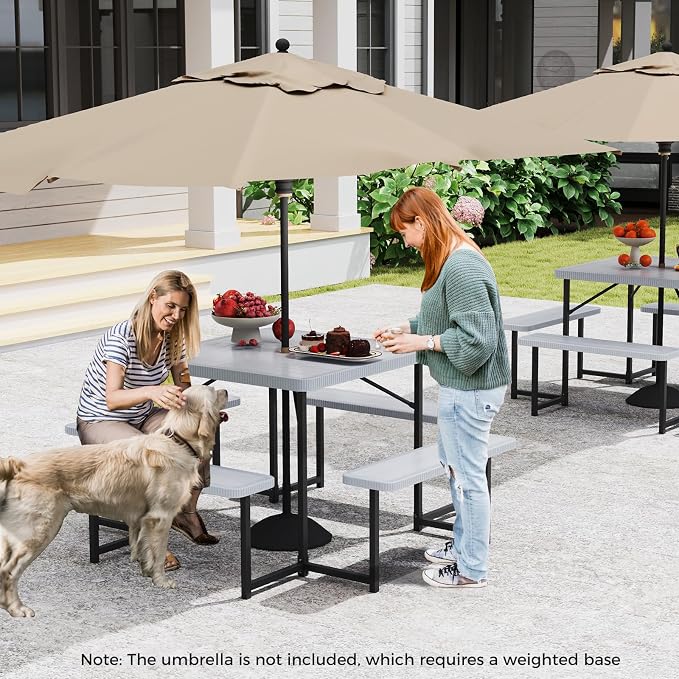 Byroce Outdoor Picnic Table for 4-8 Person, HDPE Picnic Camping Table Set with 4 Benches, Umbrella Hole & Metal Frame, Heavy Duty Square Dining Table Chairs for BBQ in Patio, Yard & Poolside (Gray)