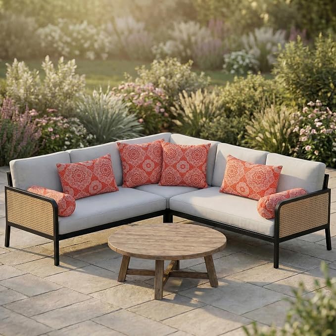 RSH DECOR: 6-Pack Pillow Set | Outdura Performance Fabric |Water & Fade-Resistant| 17" Square, 20"x12" Lumbar, 20"x6" Neck Roll | Outdoor Pillows for Patio Furniture | Made in USA (Ayorline Flamin)
