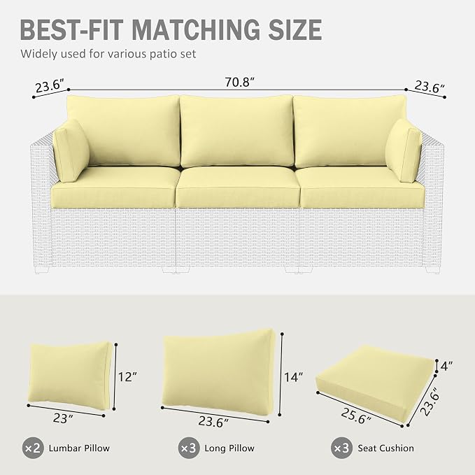 Outdoor Furniture Replacement Cushions, Waterproof Patio Furniture Cushions, 4" Deep Seat Outdoor Sectional Cushion for 3-Seat Outdoors Rattan Sofa Patio Sofa Cushion, Light Yellow