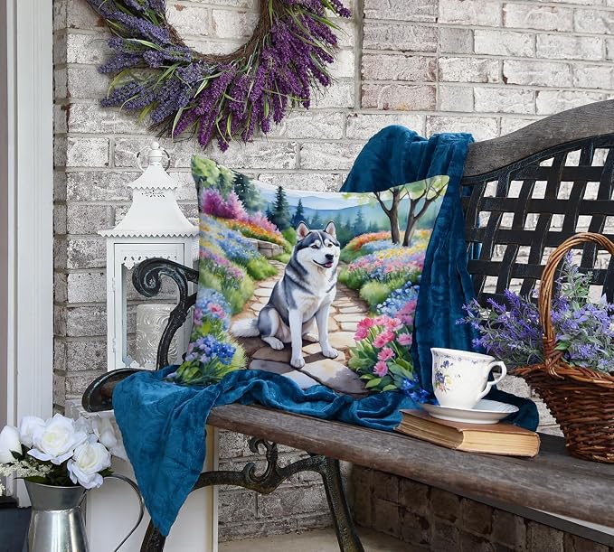 Caroline's Treasures Siberian Husky Spring Path Throw Pillow Machine Washable, Indoor Outdoor Decorative Pillow for Couch, Bed or Patio, 18Hx18W