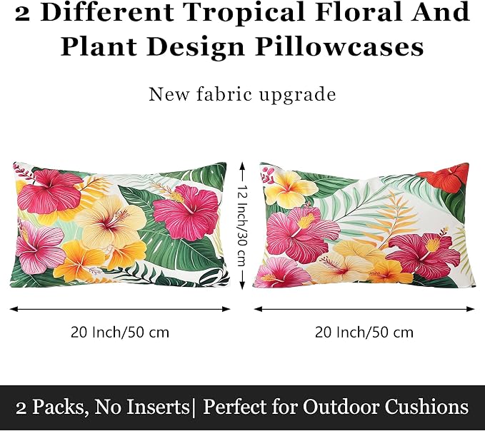Outdoor Pillow Covers 12x20 Inch Set of 2, Tropical Floral Plants Boho Throw Pillows Cases Waterproof Square Garden Cushion Sham for Patio Funiture Tent Balcony Bench Sofa Couch, Yellow Green