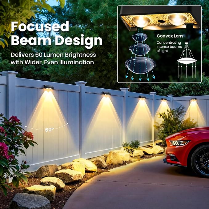 Solar Fence Lights Outdoor, Color Changing, Waterproof IP65, 16 Pack | 11 Modes, 9 Colors 50 LM Solar Lights Waterproof with LED Focus Lens for Wall Backyard Deck Patio Porch Step Pool Decor