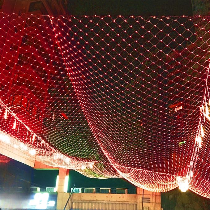 LJLNION Valentines Net Lights, 360 LED 12ft x 5ft Connectable Mesh Fairy String Lights, 8 Lighting Mode, Low Voltage Adaptor for Christmas Trees Bush Wedding Outdoor Holiday Garden Decorations, Red