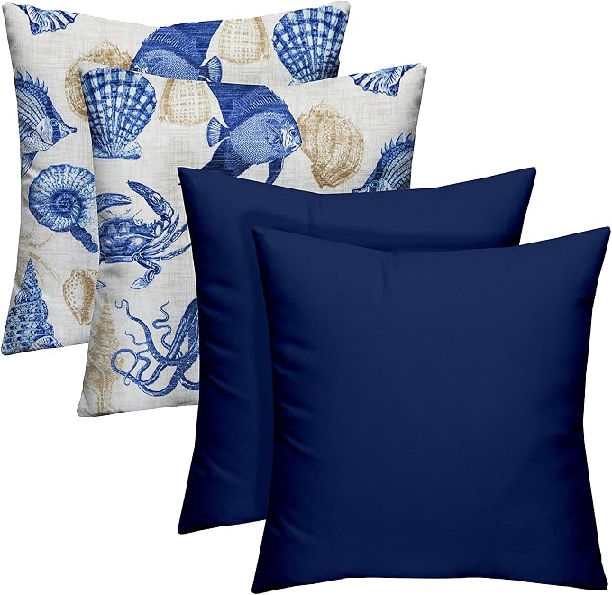 RSH DECOR Set of 4 Square Throw Pillows | Indoor/Outdoor All Weather Polyester Fabric | Decorative Accent Pillows for Patio Furniture | Reversible | 17" x 17" | Veranda Blue + Blue Tan Crab