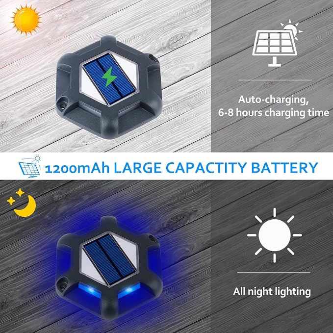 Solar Dock Lights Driveway Deck Lights - 8 Packs Waterproof 1200mAh Outdoor LED Aluminum Dock Lighting Warning Step Light for Driveway Sidewalk Garden Pathway Yard (Blue)