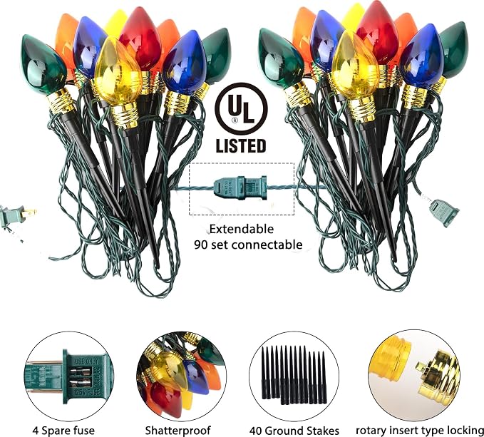 4 Pack C9 Christmas Pathway Lights Outdoor, Total 69.6Ft 40 LED Stake Light | Connectable C9 Pathway Lights, Waterproof Christmas Lights Outdoor for Walkway Yard Lawn Ground Sidewalk Driveway Decorations