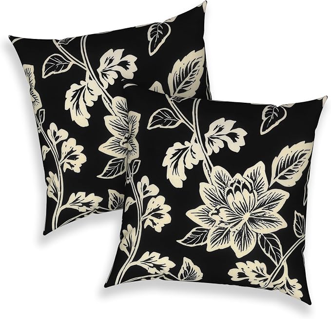 Outdoor 16x16 Inch Throw Pillows, Water Repellent Patio Pillows with Inners Set of 2 for Patio Furniture Home Graden, Elegant Vines Black