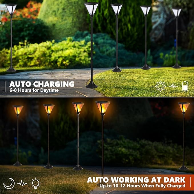 iBaycon 2 Pack 55in Solar Flame Post Lights Outdoor Landscape Pathway Lamp | Solar Garden Lights Warm White, Flickering Flame Light Outdoor Waterproof for Yard Lawn Pathway Landscape Decorations
