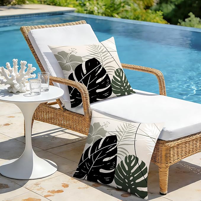OTOSTAR Outdoor Waterproof Throw Pillow Covers 18x18 Inch Set of 2 Double-Sided Black Grey Tropical Leaf and Flower Spring Summer Decorative Pillow Cases for Patio Funiture Garden Balcony Couch