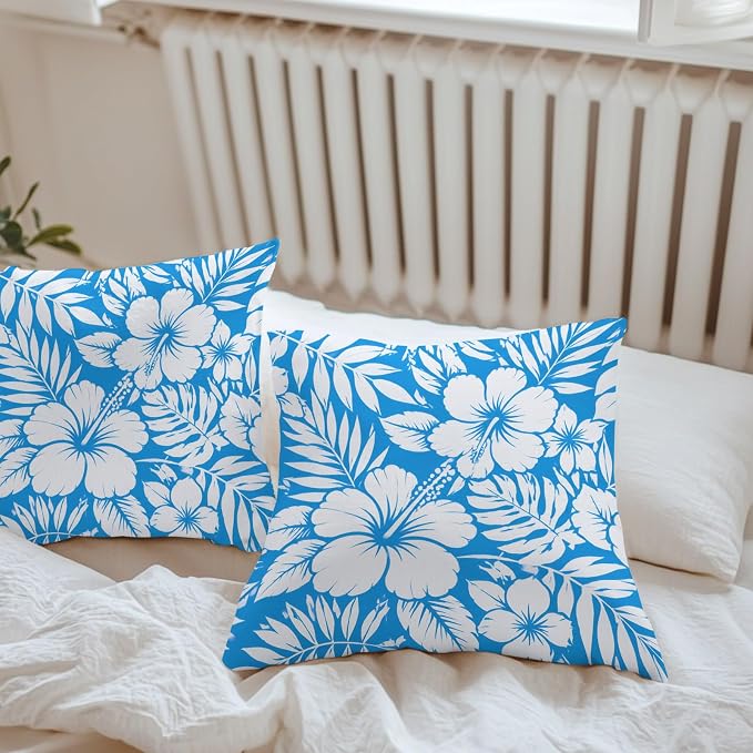 Hibiscus Flowers Waterproof Outdoor Pillow Covers Set of 2 Home Decor, Blue Tropical Monstera Leaves Pillowcase Patio Pillow Covers for Couch Bench Patio Furniture Garden 26x26in