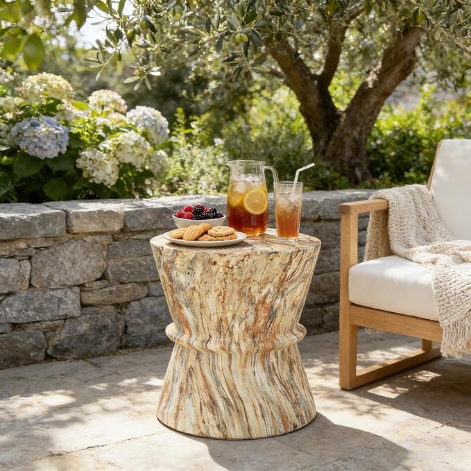 Outdoor Concrete Side Table,Contemporary Hourglass Accent Table with Faux Stone Coffee Tables for Indoor Outdoor,Garden End Table for Porch,Backyard Patio Living Room-15.55" Amber Brown MgO